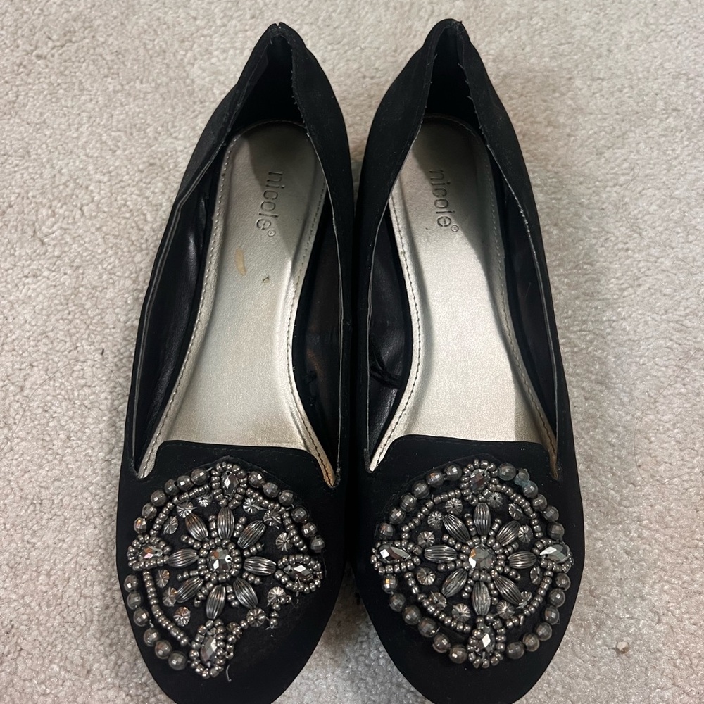 Nicole Black Flats with Silver Embellishments